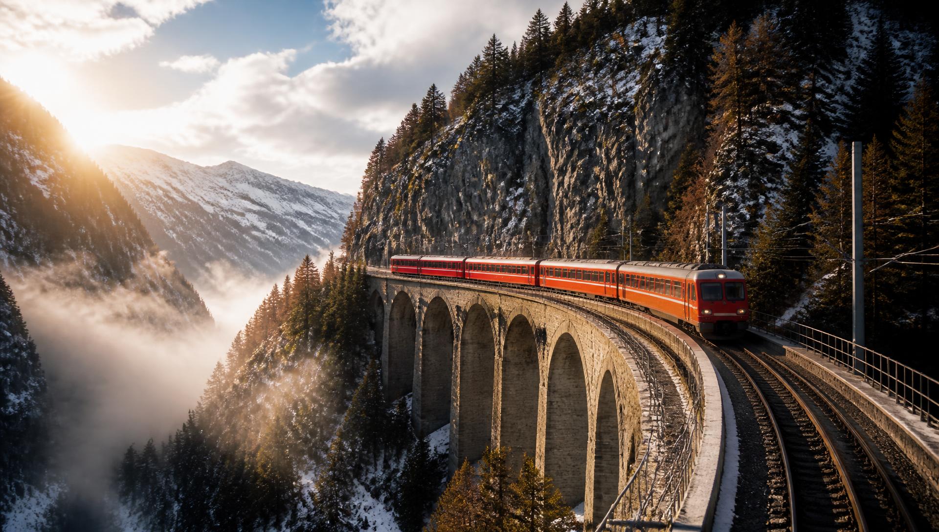 A red alpine train crossing a curved stone viaduct above a misty valley in the Swiss Alps